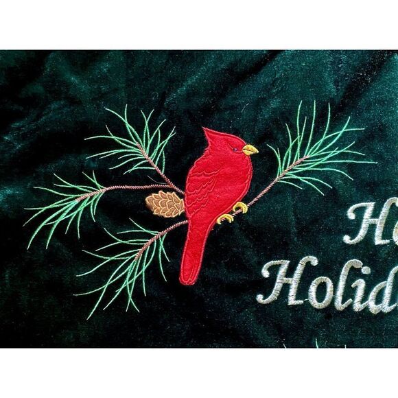 Tree Skirt Red Cardinals Green Velvet Happy Holidays Plaid Border Fully Lined - Picture 3 of 3